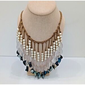 Chico's Statement Necklace Pearl Lucite Shell Bib Boho Resort Adjustable